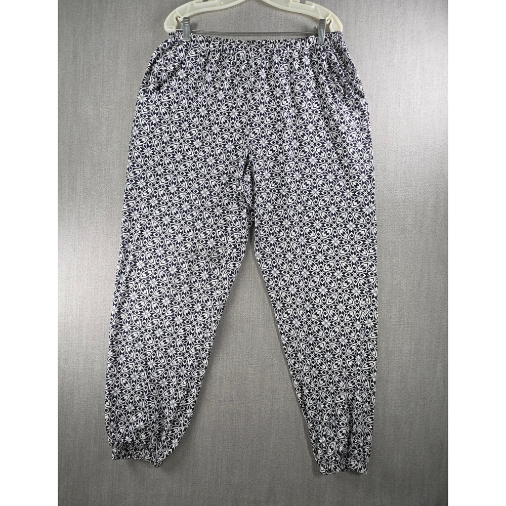 Slinky Brand Joggers Women 1X Navy Blue White Geometric Medallion Print Pockets